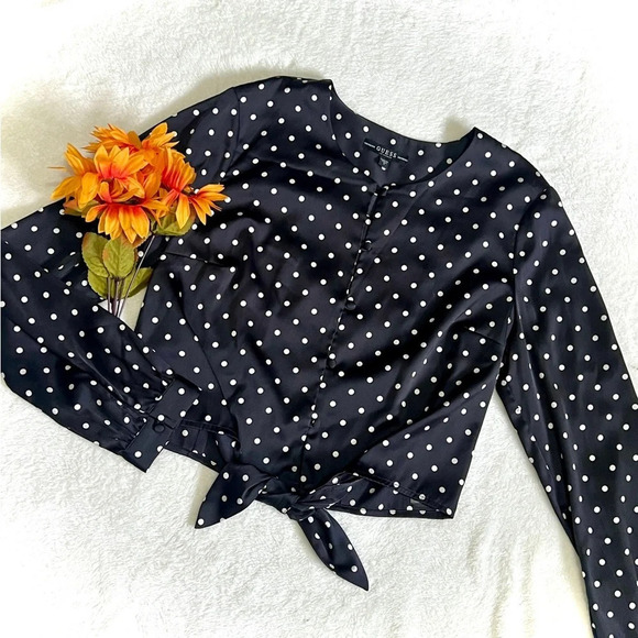 Guess Polka Dotted Cropped Tie Front Blouse - Small - Picture 1 of 6